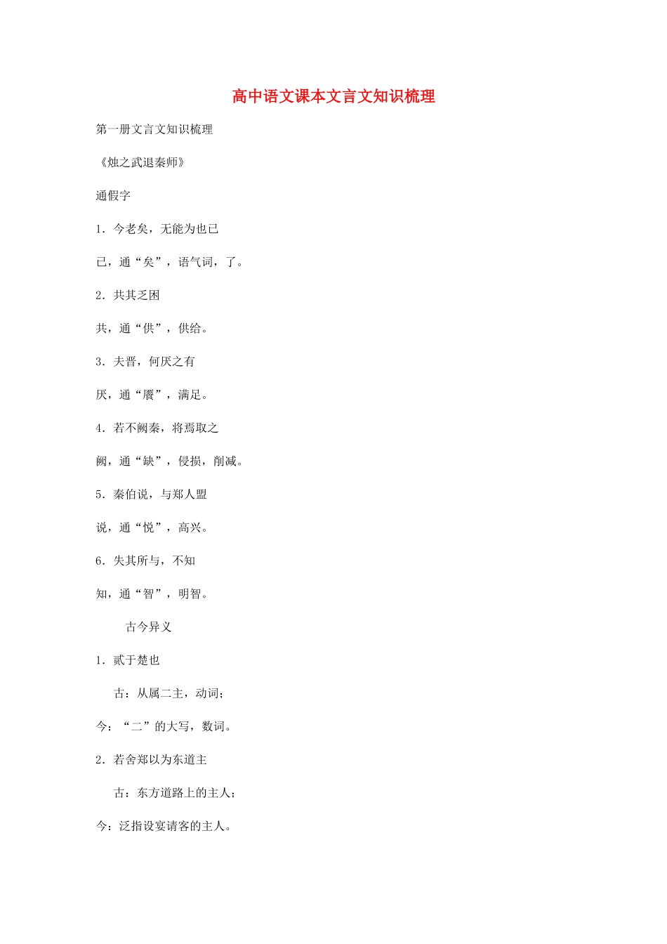 2013高考语文 考前读与练 课本文言文知识梳理(1-6册)素材 新人教版_第1页