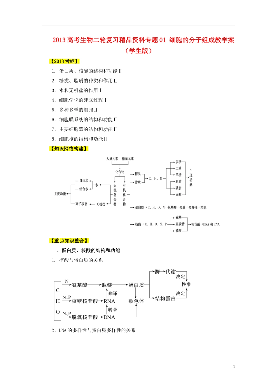 2013高考生物二轮复习精品资料专题01 细胞的分子组成教学案（学生版）_第1页