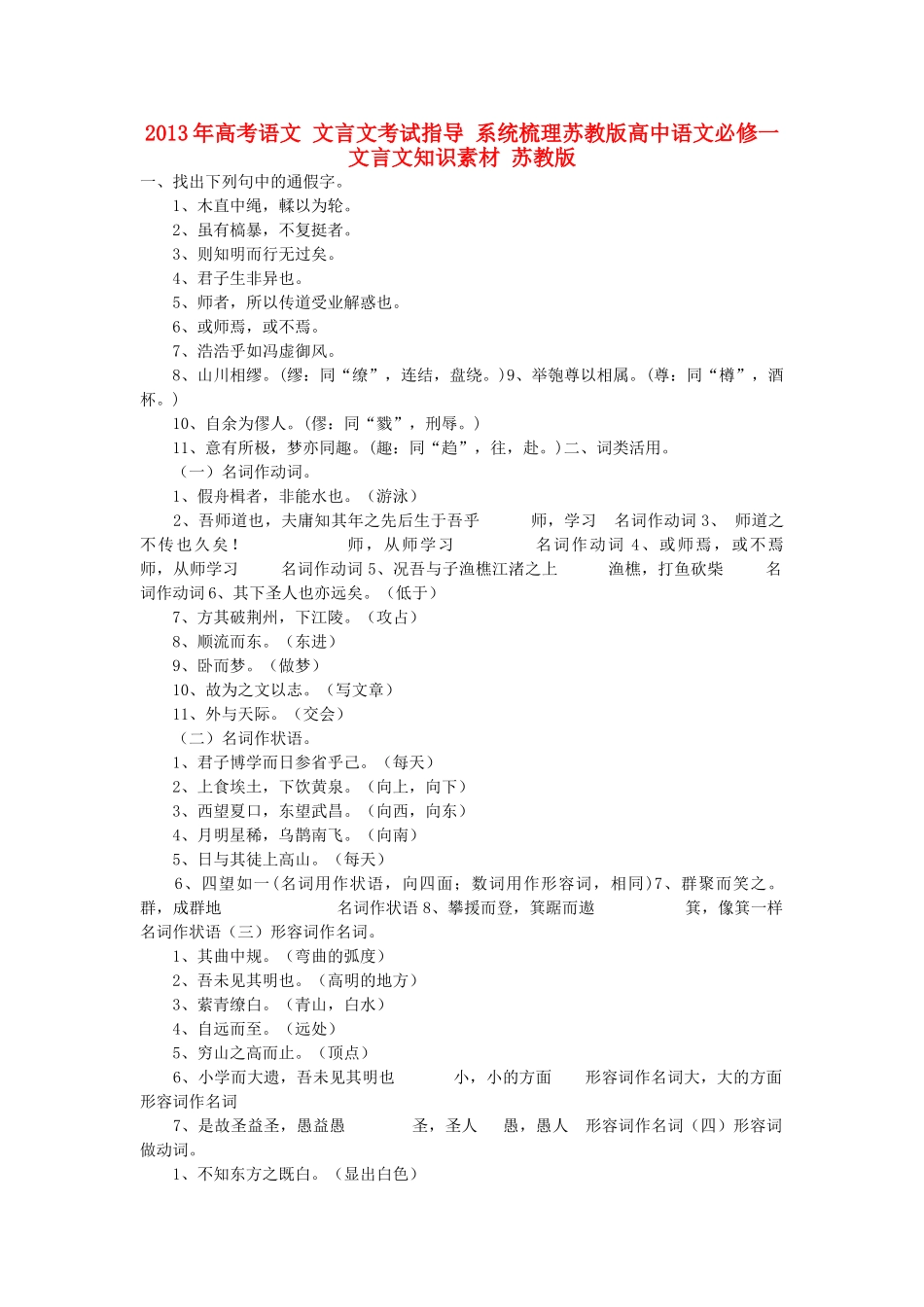 2013年高考语文 文言文考试指导 系统梳理苏教版高中语文文言文知识素材 苏教版_第1页