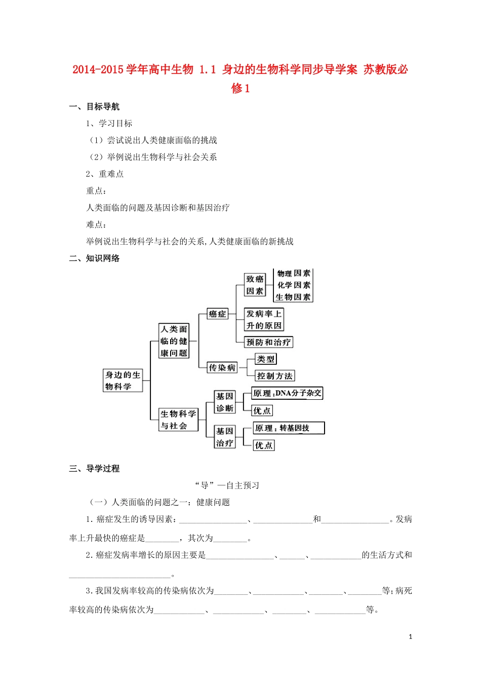 2014-2015学年高中生物 1.1 身边的生物科学同步导学案 苏教版必修1_第1页