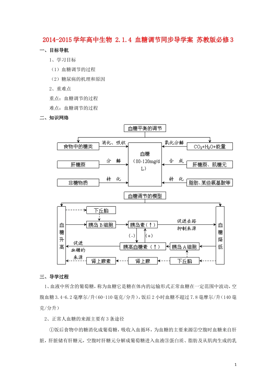 2014-2015学年高中生物 2.1.4 血糖调节同步导学案 苏教版必修3_第1页