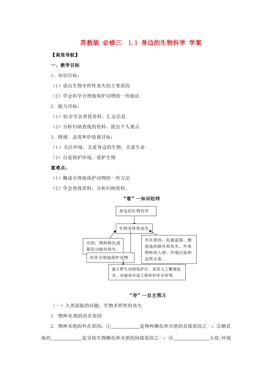 2013高中生物 1.1 身边的生物科学学案 苏教版必修3_第1页