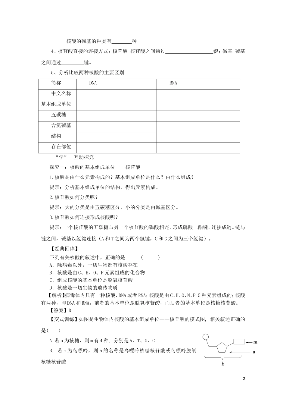 2014-2015学年高中生物 2.2.3 细胞中的核酸同步导学案 苏教版必修1_第2页