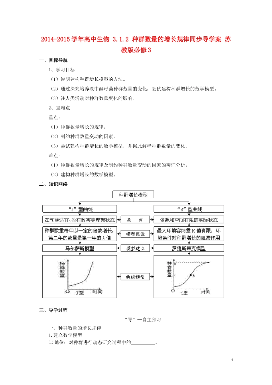 2014-2015学年高中生物 3.1.2 种群数量的增长规律同步导学案 苏教版必修3_第1页