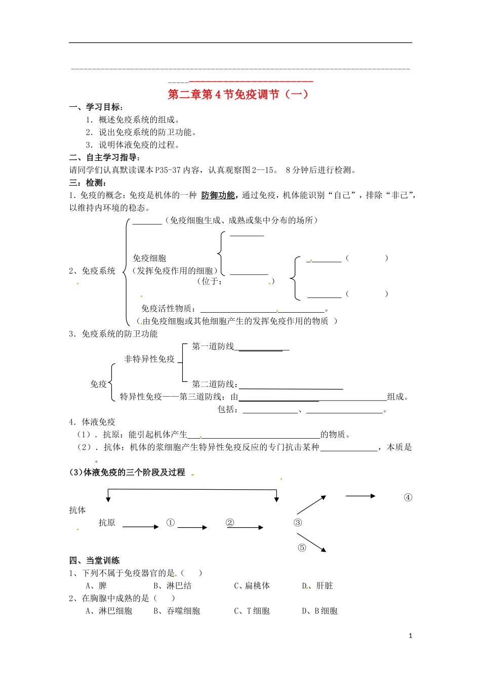 2013高中生物 2.4 免疫调节（一）导学案 新人教版必修3_第1页
