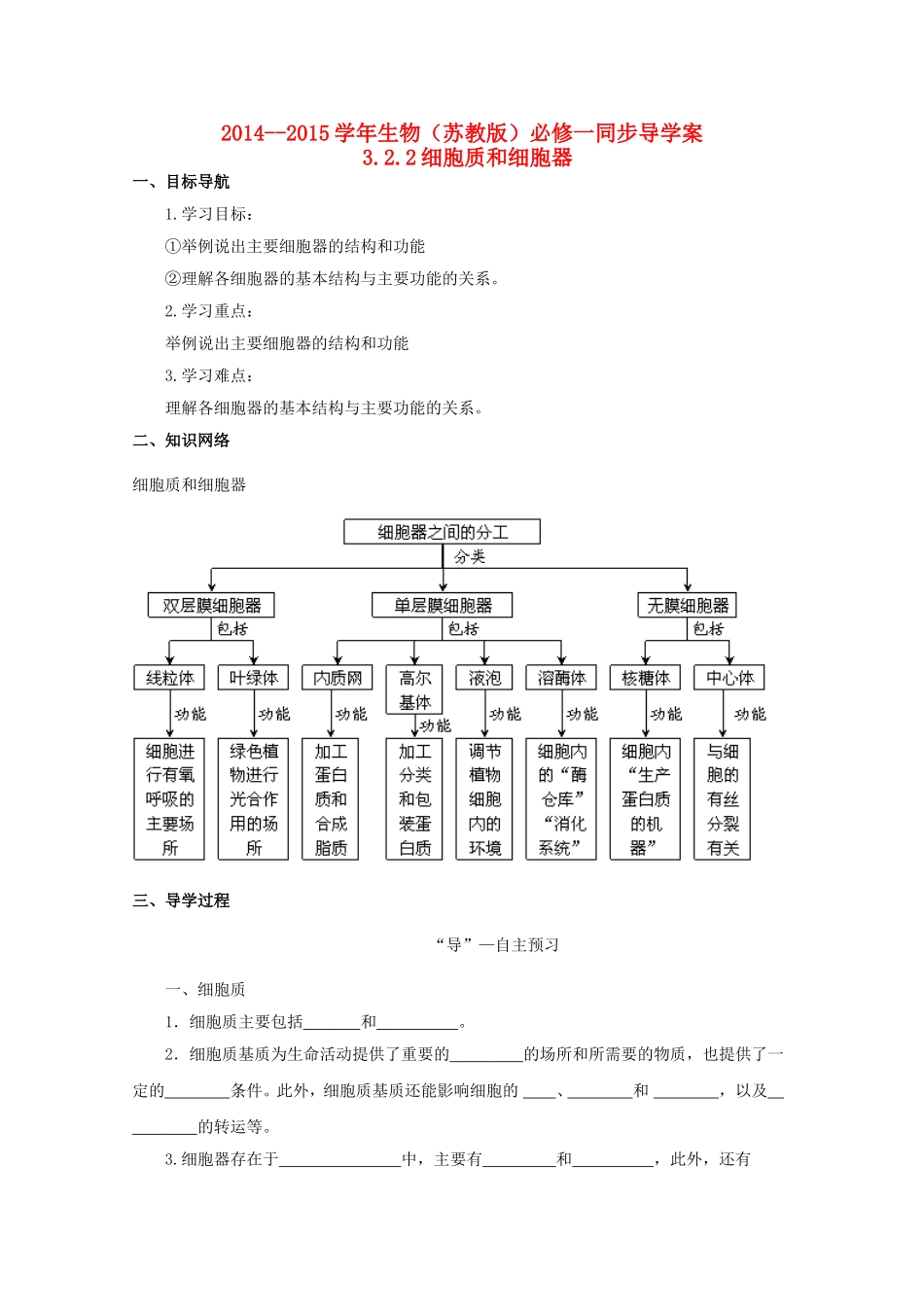 2014-2015学年高中生物 3.2.2 细胞质和细胞器同步导学案 苏教版必修1_第1页