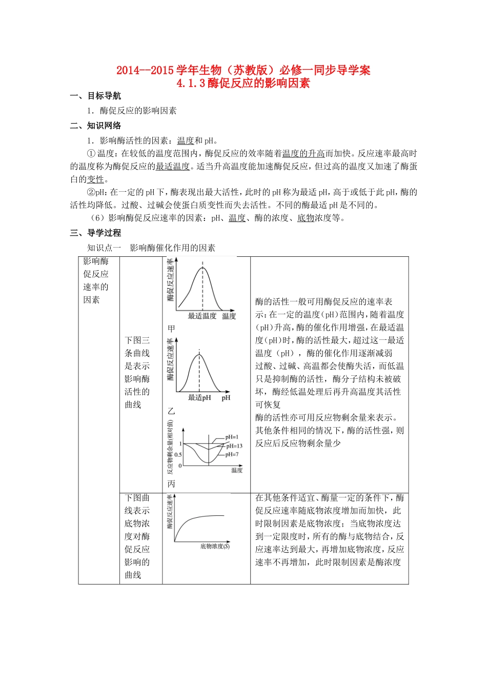 2014-2015学年高中生物 4.1.3 酶促反应的影响因素同步导学案 苏教版必修1_第1页