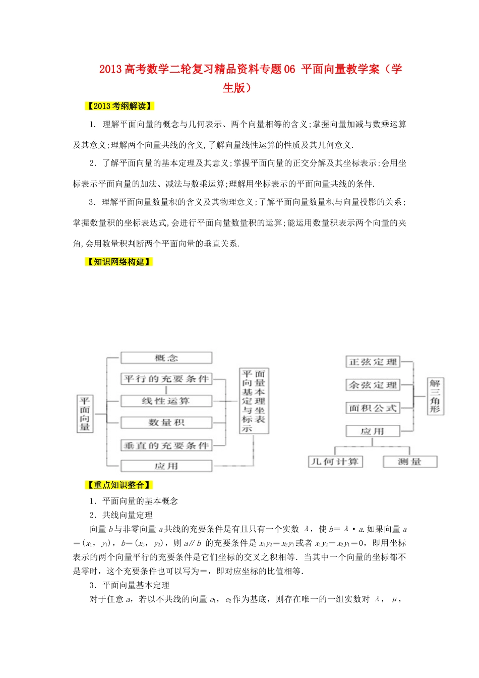 2013高考数学二轮复习精品资料专题06 平面向量教学案（学生版）_第1页