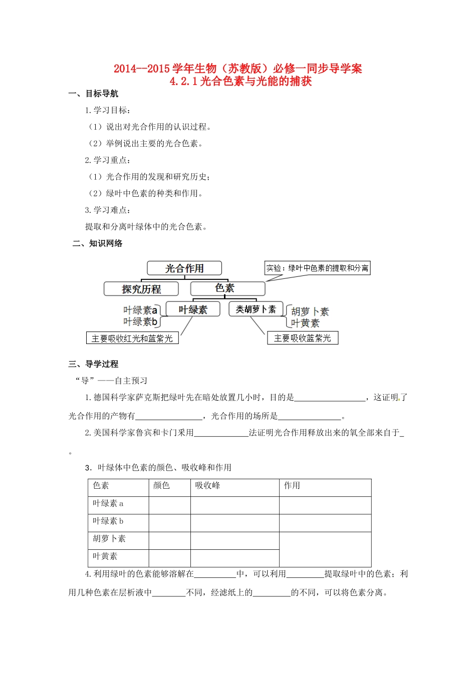 2014-2015学年高中生物 4.2.1 光合色素与光能的捕获同步导学案 苏教版必修1_第1页
