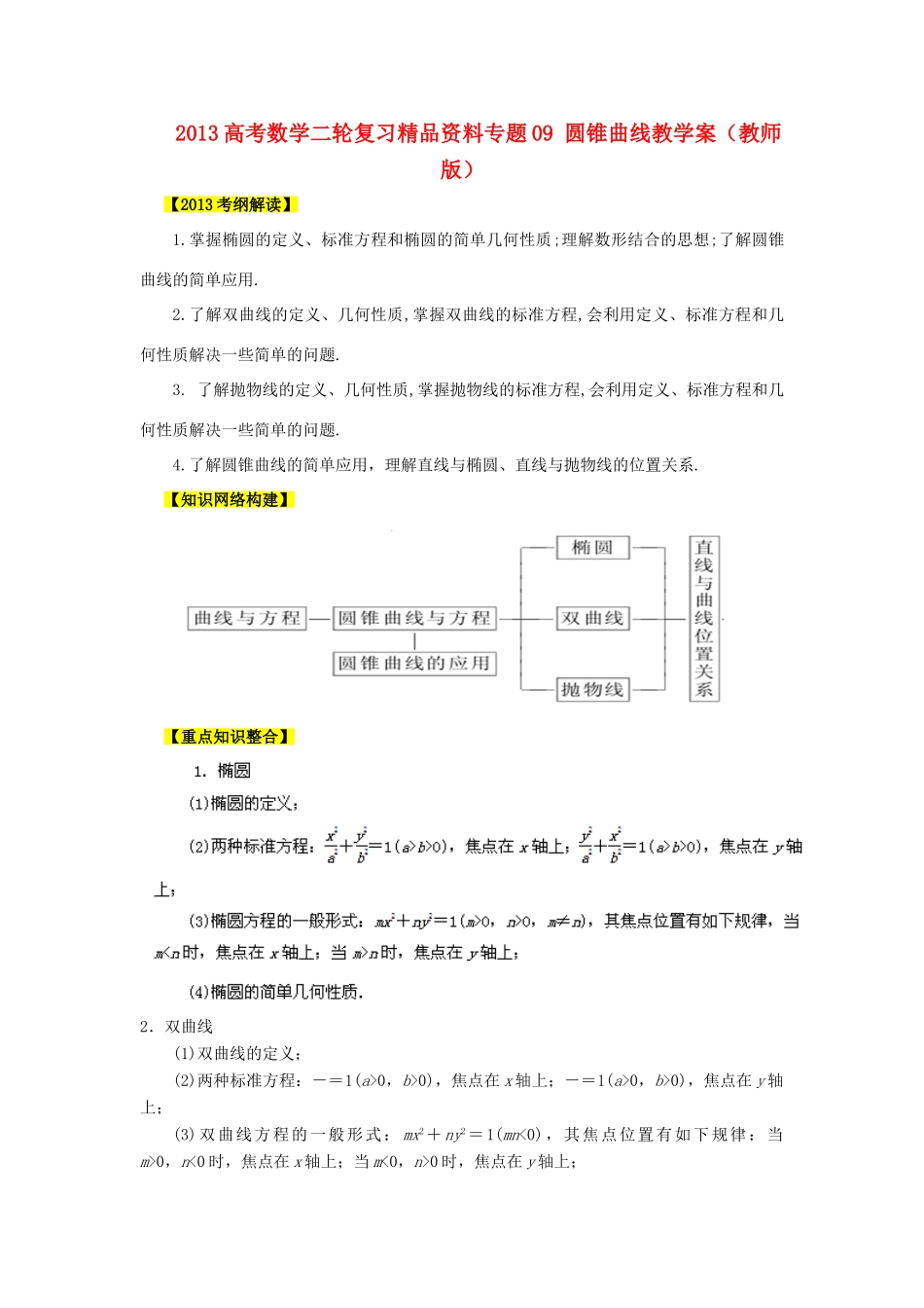 2013高考数学二轮复习精品资料专题09 圆锥曲线教学案（教师版）_第1页
