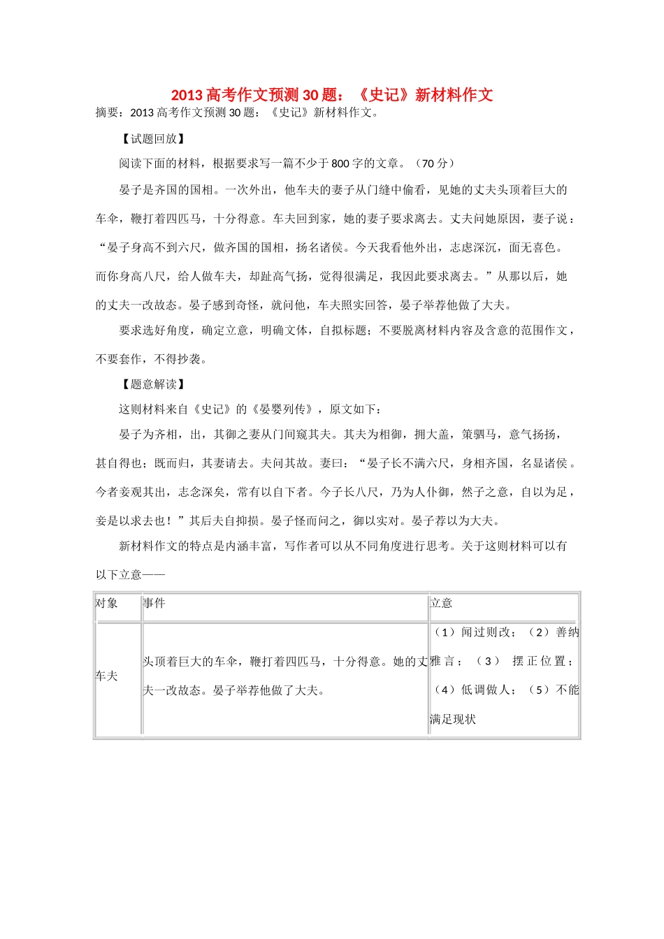 2013年高考语文 作文预测30题（材料+审题+立意+优秀范文+范文评析）《史记》新材料作文素材_第1页