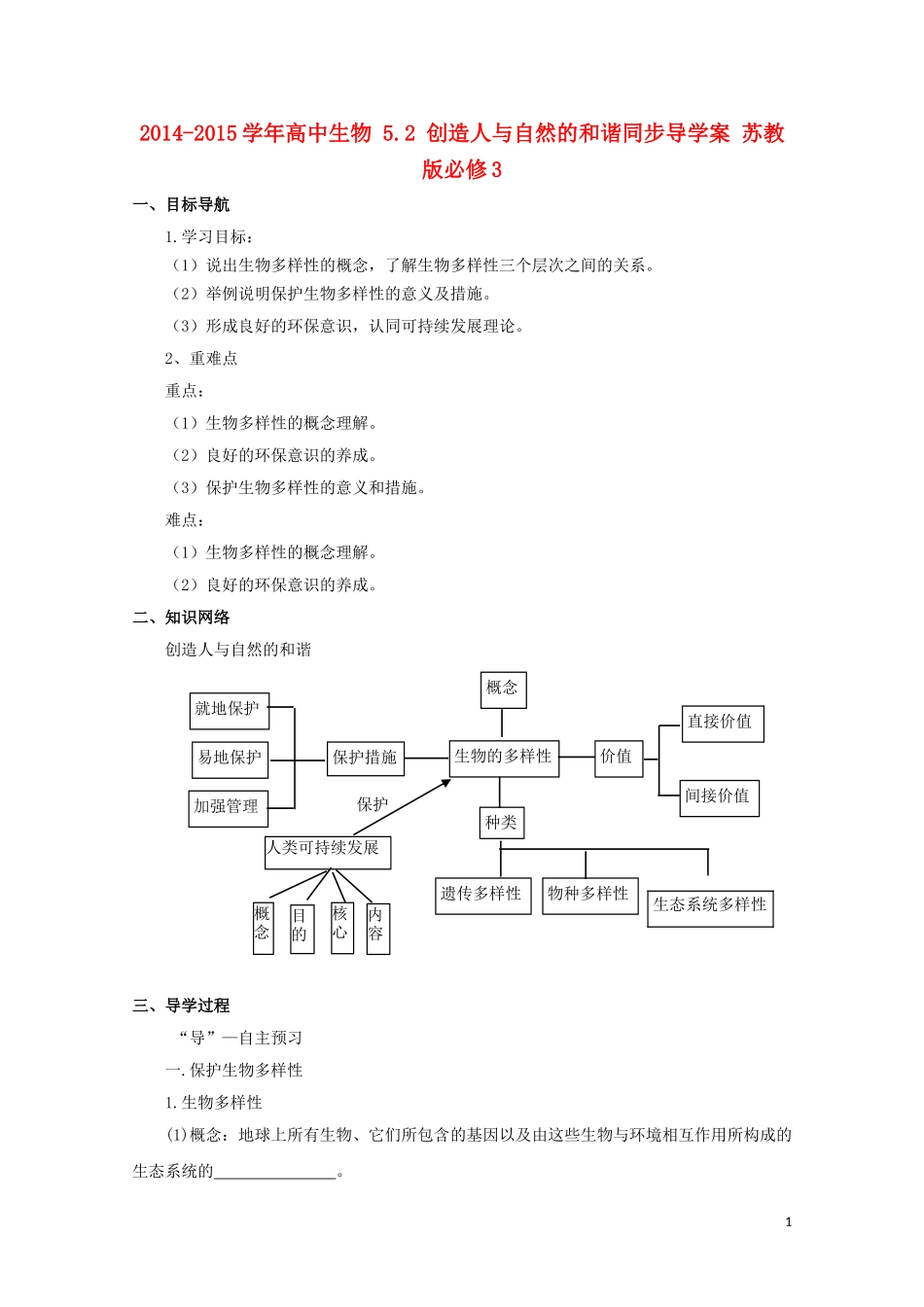 2014-2015学年高中生物 5.2 创造人与自然的和谐同步导学案 苏教版必修3_第1页