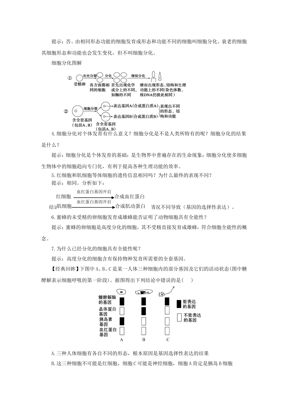2014-2015学年高中生物 5.2.1 细胞分化、细胞的全能性同步导学案 苏教版必修1_第3页