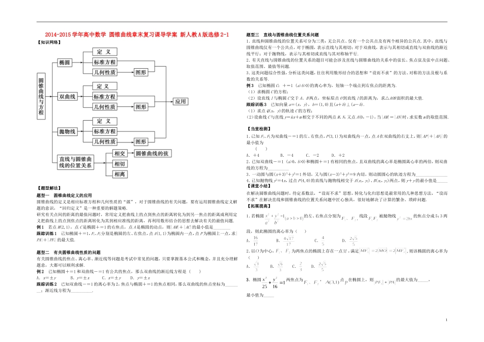 2014-2015学年高中数学 圆锥曲线章末复习课导学案 新人教A版选修2-1_第1页