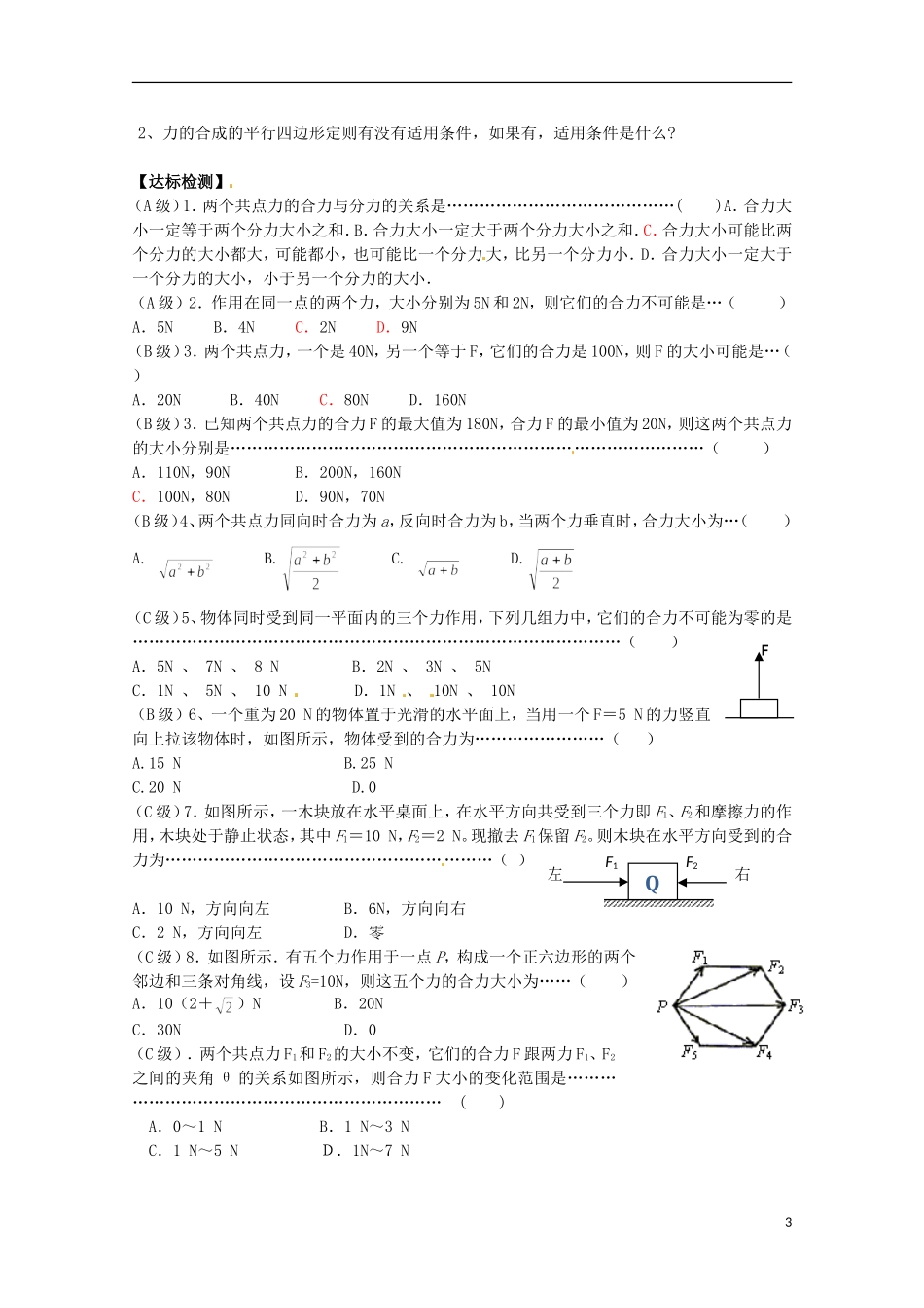 2013高考物理 基础知识巩固资料《力的合成》导学案 新人教版必修1_第3页
