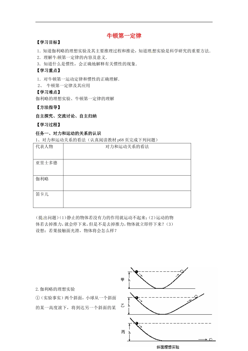 2013高考物理 基础知识巩固资料《牛顿第一定律》导学案 新人教版必修1_第1页