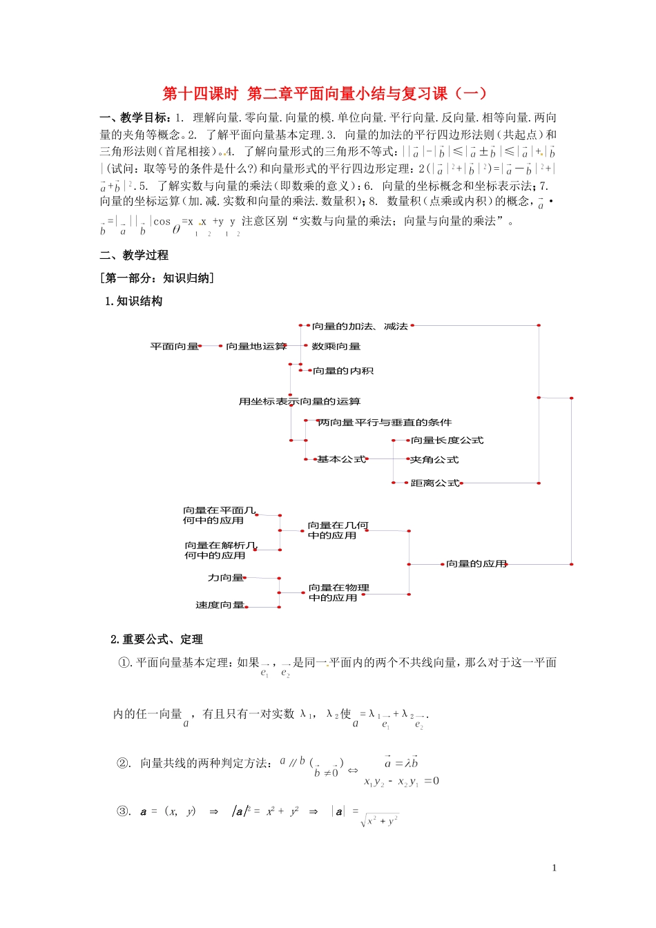 2013高中数学 第十四课时 第二章平面向量小结与复习课（一）教案 北师大版必修4_第1页