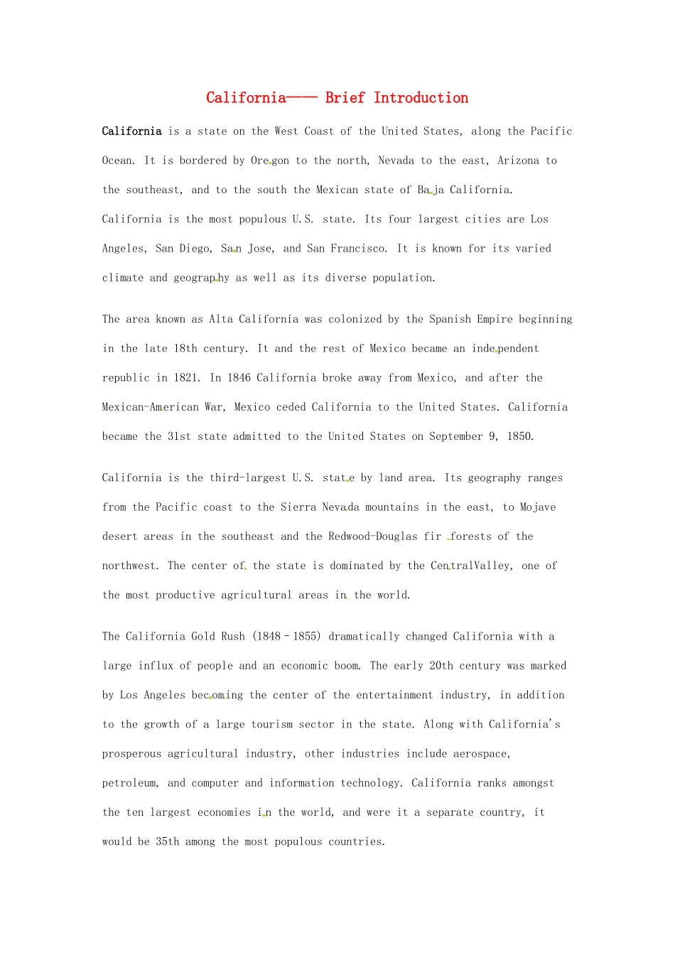 2014-2015学年高中英语 Unit 1 A land of diversity California-brief introduction素材 新人教版选修8_第1页