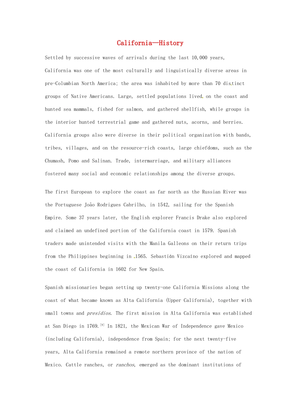 2014-2015学年高中英语 Unit 1 A land of diversity California-history素材 新人教版选修8_第1页