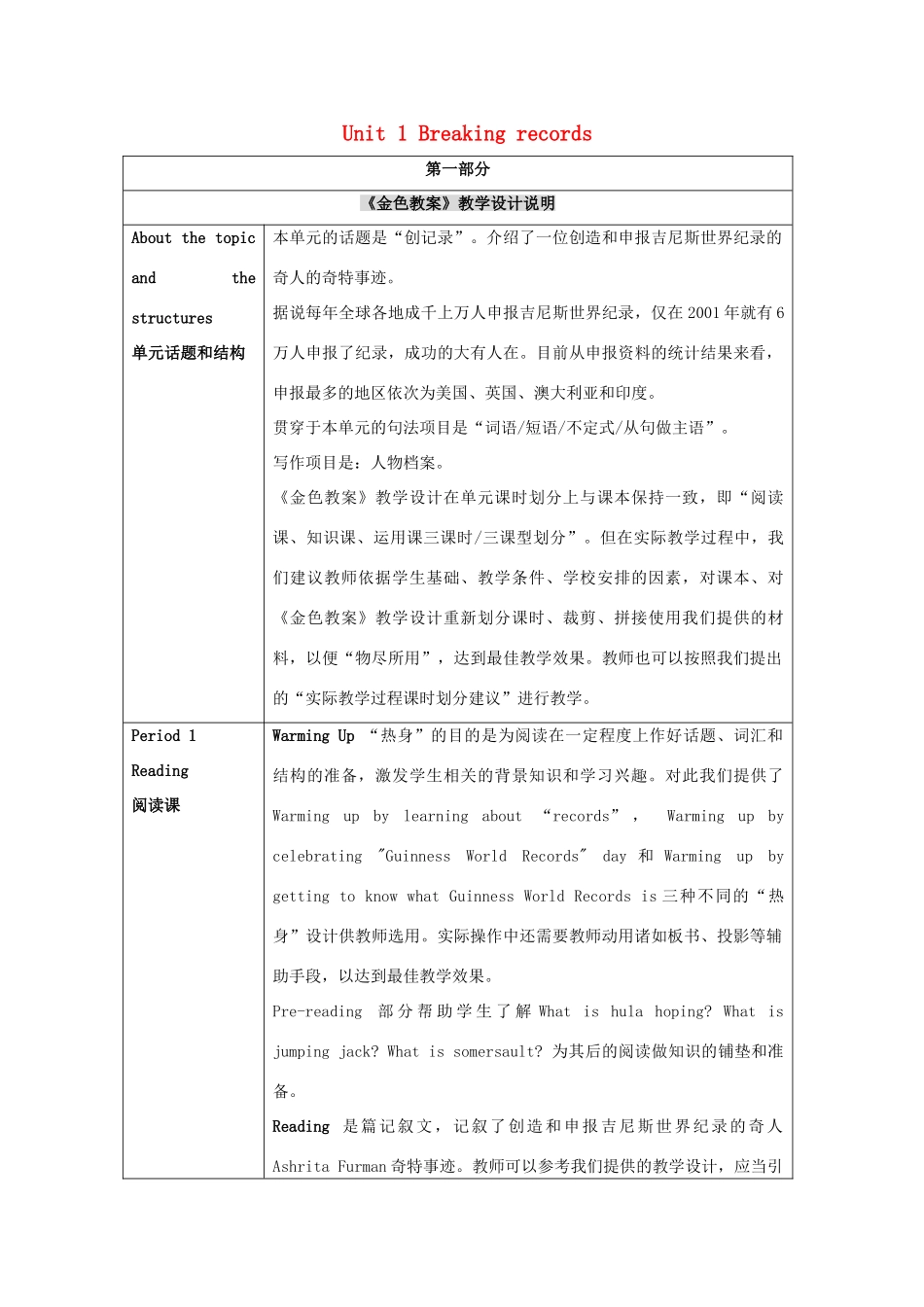 2014-2015学年高中英语 Unit 1 Breaking records教案 新人教版选修9_第1页
