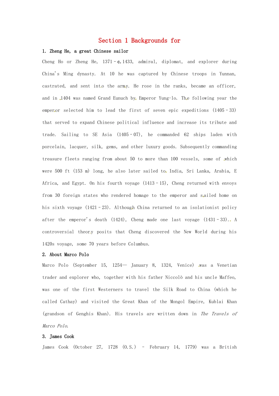 2014-2015学年高中英语 Unit 2 Sailing the oceans Backgrounds for教案 新人教版选修9_第1页