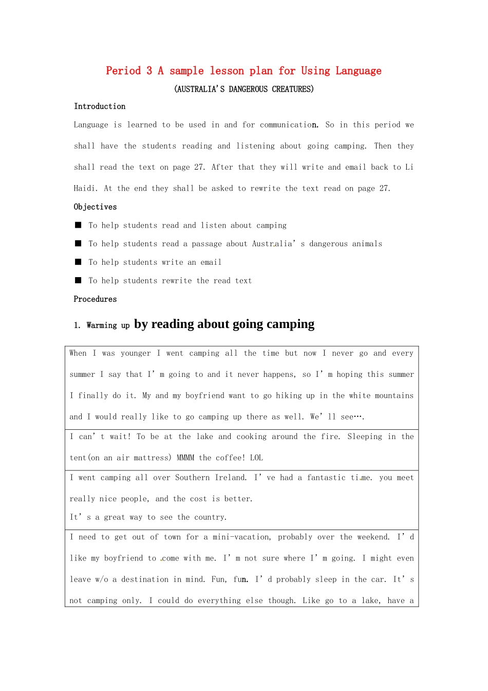 2014-2015学年高中英语 Unit 3 Australia A sample lesson plan for Using Language教案 新人教版选修9_第1页