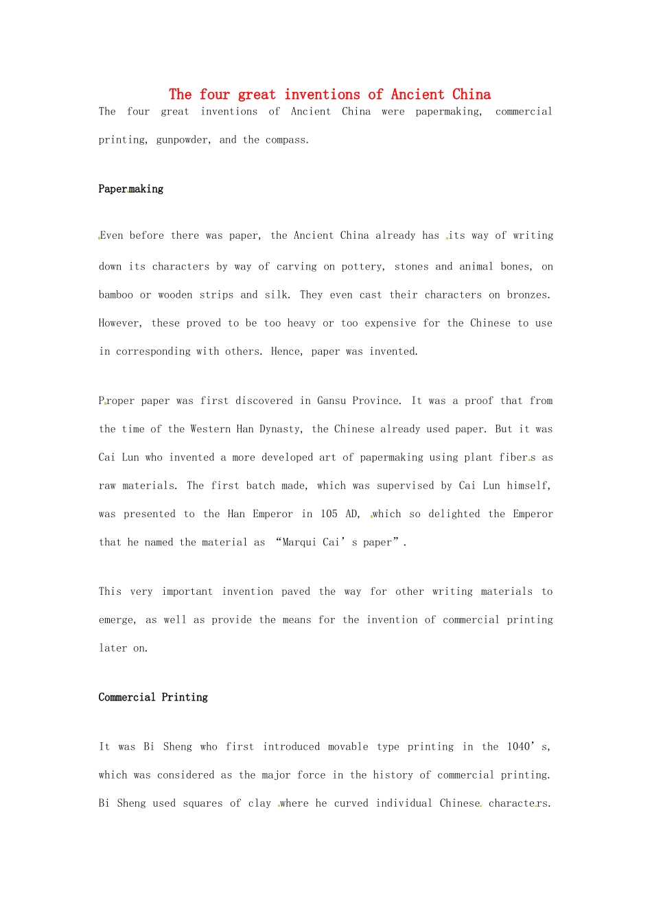 2014-2015学年高中英语 Unit 3 Inventors and inventions The four great inventions of Ancient China素材 新人教版选修8_第1页