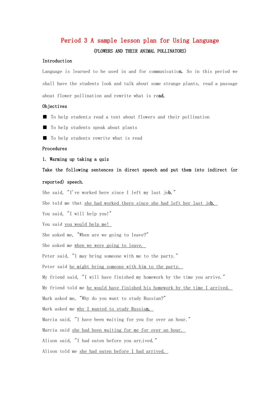 2014-2015学年高中英语 Unit 4 Exploring plants A sample lesson plan for Using Language教案 新人教版选修9_第1页