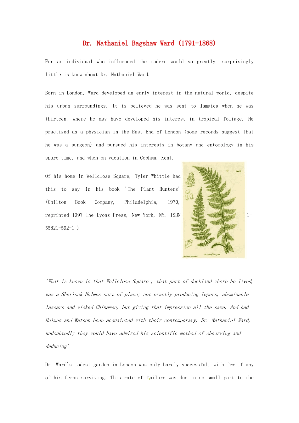 2014-2015学年高中英语 Unit 4 Exploring plantsDr Nathaniel Bagshaw Ward素材 新人教版选修9_第1页