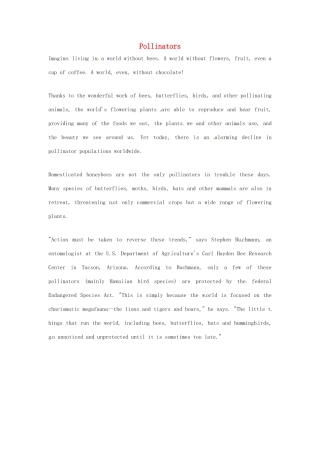 2014-2015学年高中英语 Unit 4 Exploring plantsPollinators素材 新人教版选修9