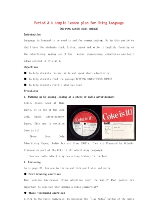 2014-2015学年高中英语 Unit 5 Inside advertising A samp le lesson plan for Using Language教案 新人教版选修9