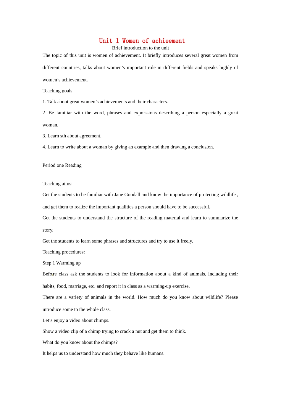 2014-2015高中英语 Unit1  Women of achievement教案 新人教版必修4_第1页