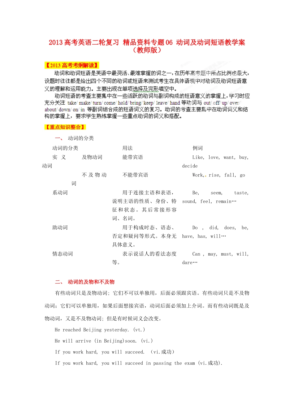 2013高考英语二轮复习 精品资料专题06 动词及动词短语教学案（教师版）_第1页