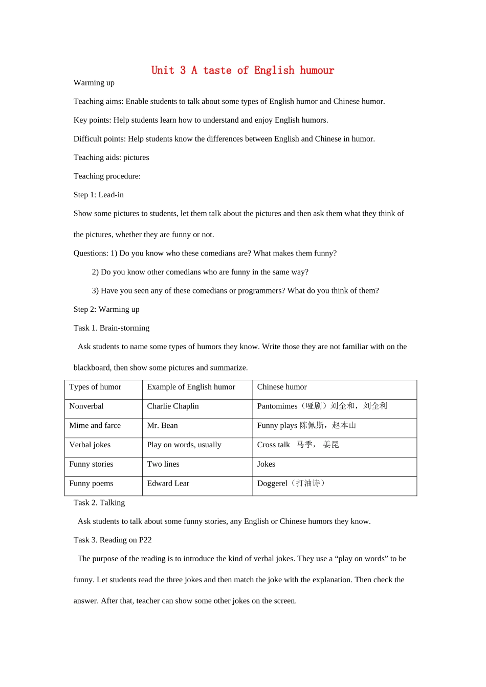 2014-2015高中英语 Unit3 A taste of English humour教案 新人教版必修4_第1页