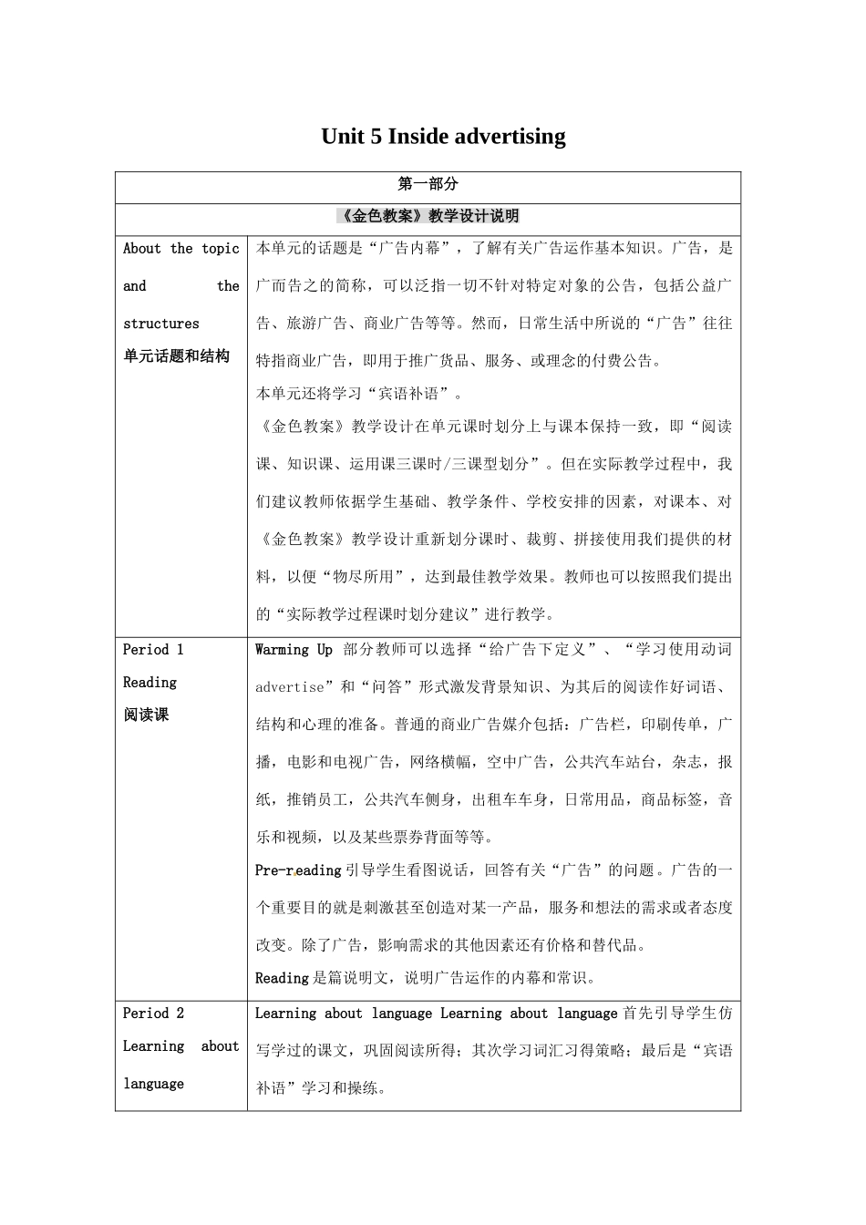 2014-2015学年高中英语 Unit 5 Inside advertising教案 新人教版选修9_第1页