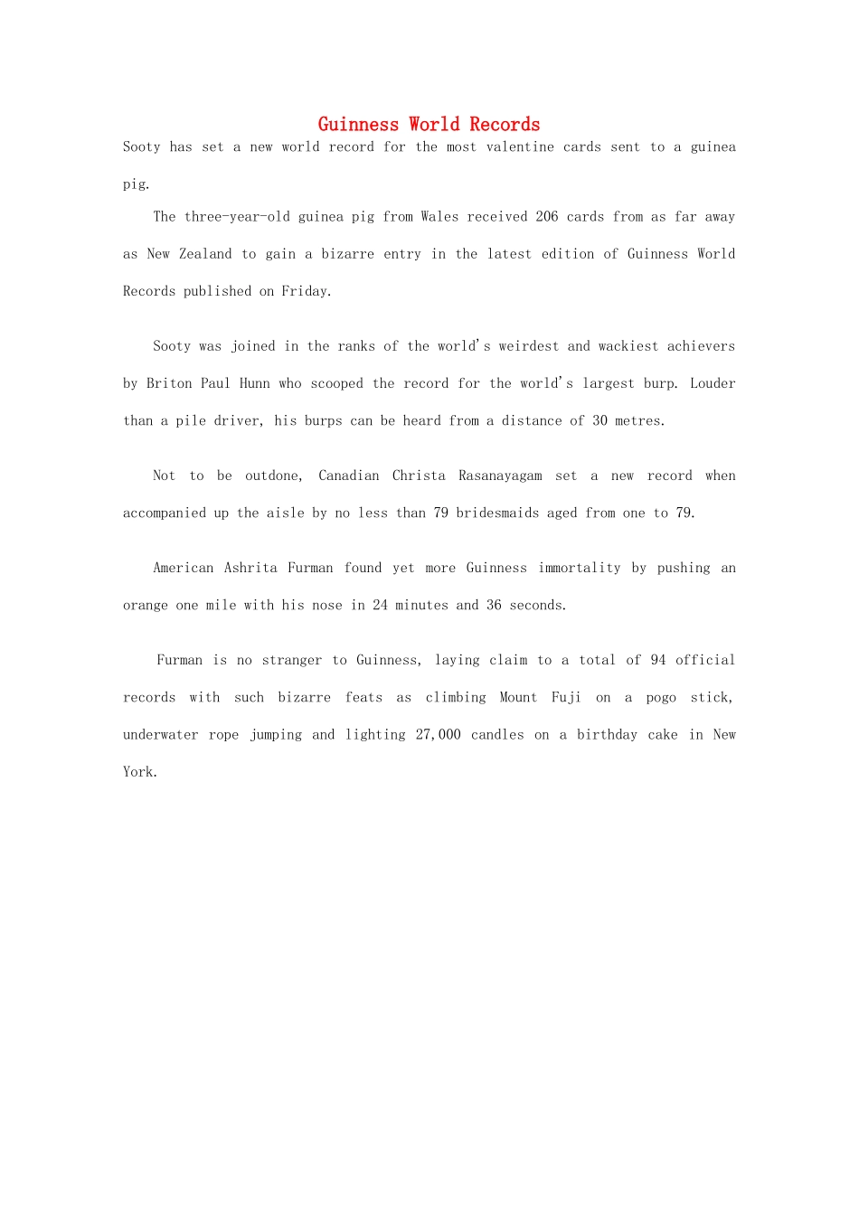 2014-2015学年高中英语 参考阅读 A new world record素材 新人教版选修9_第1页