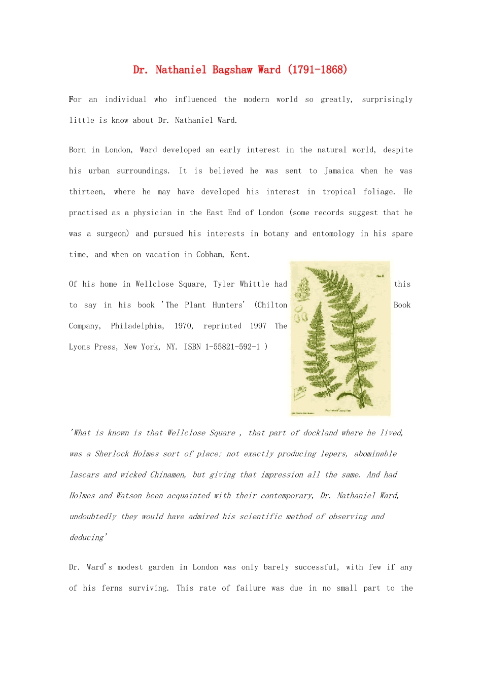 2014-2015学年高中英语 参考阅读 Dr Nathaniel Bagshaw Ward素材 新人教版选修9_第1页