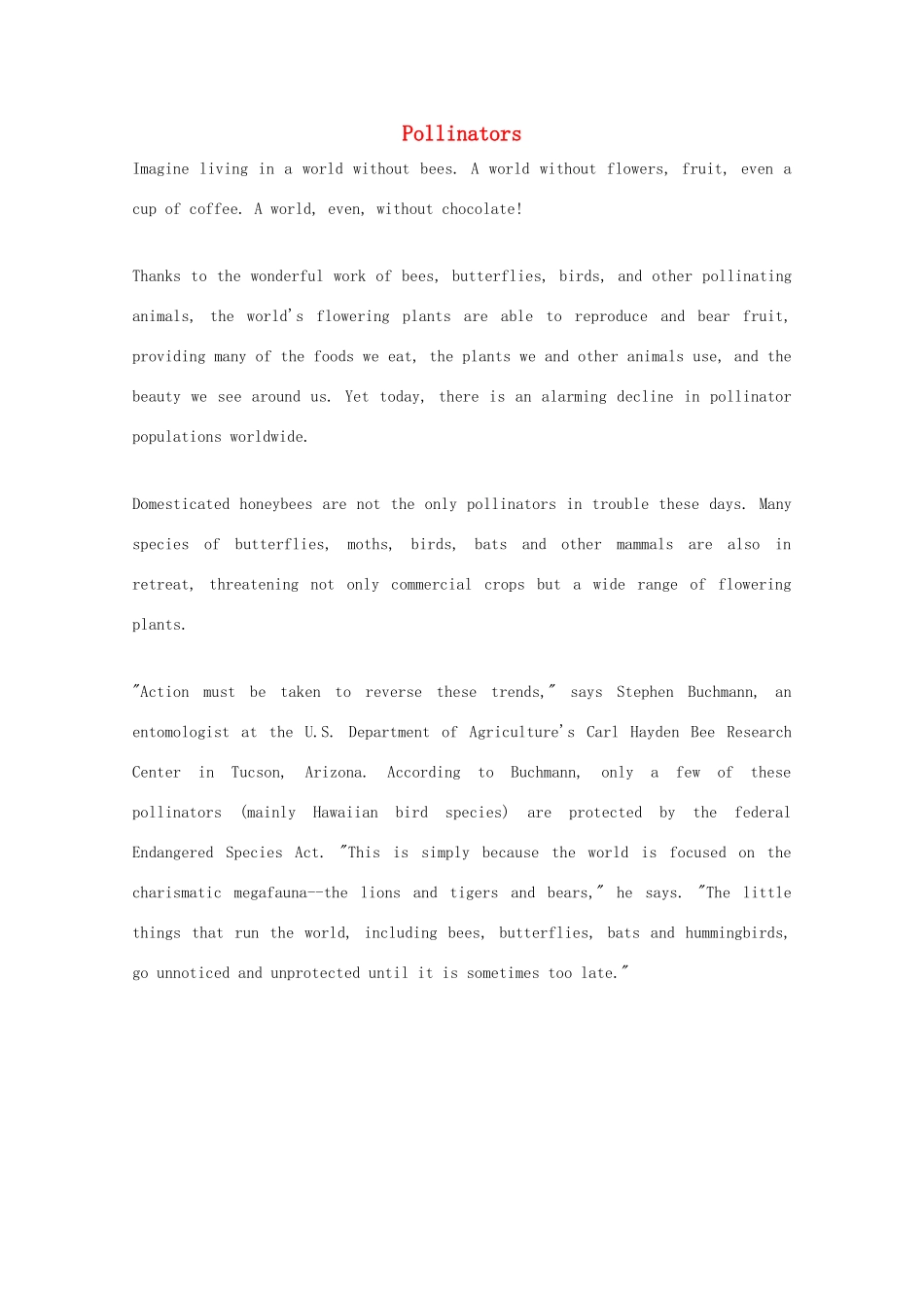 2014-2015学年高中英语 参考阅读 Pollinators素材 新人教版选修9_第1页