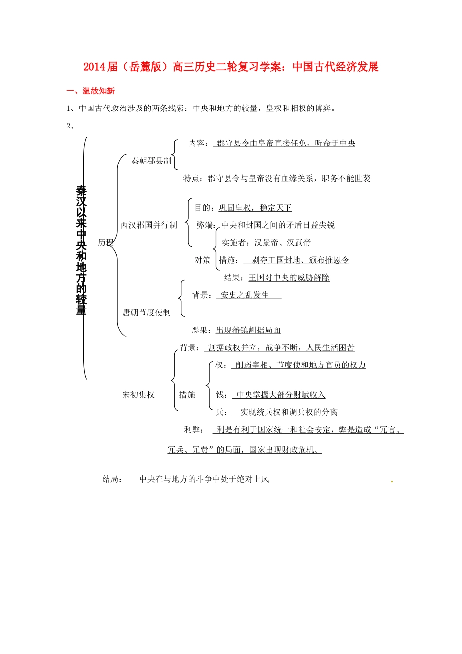2014届高三历史二轮复习 中国古代经济发展学案 岳麓版_第1页