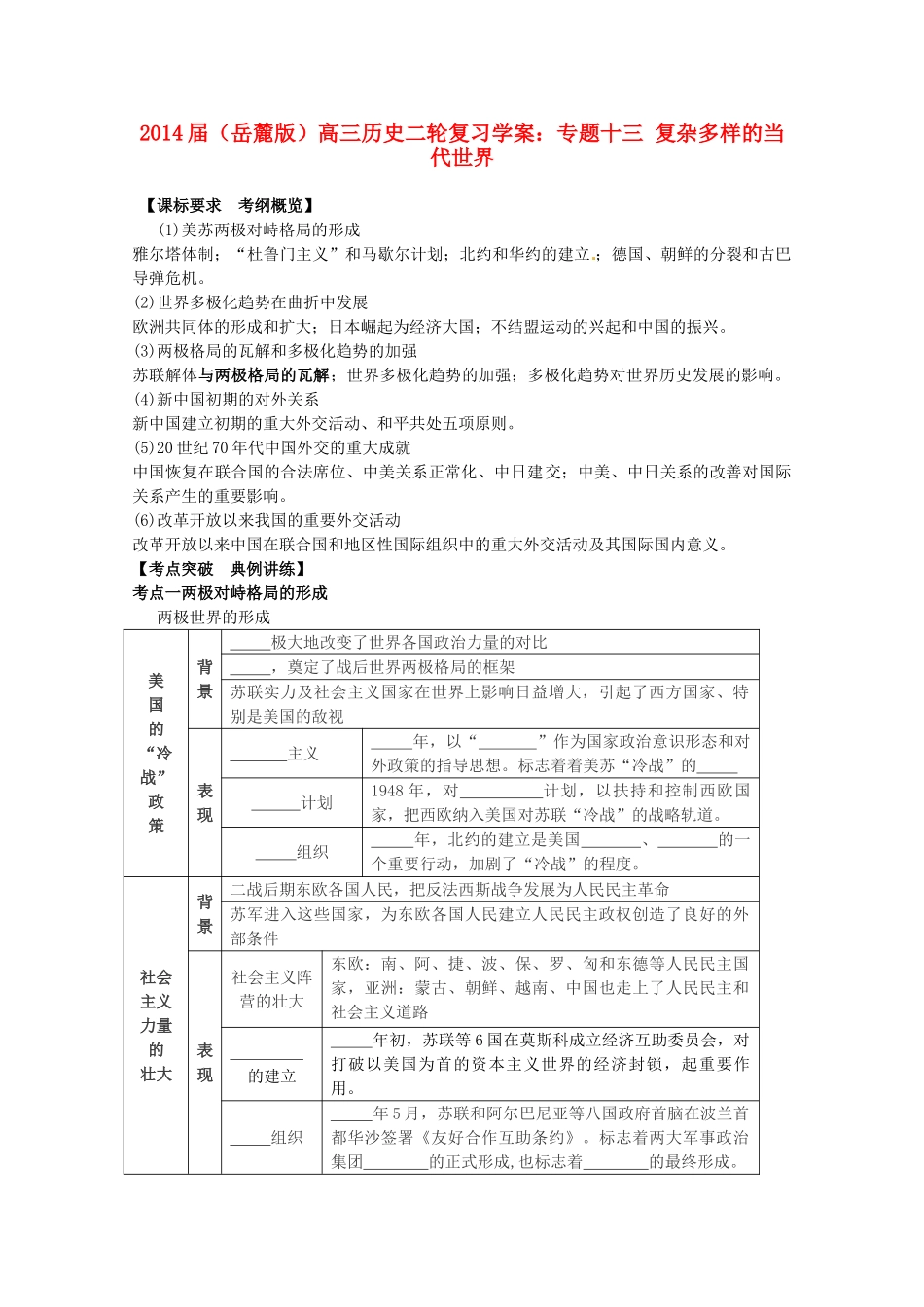 2014届高三历史二轮复习 专题十三 复杂多样的当代世界学案 岳麓版_第1页