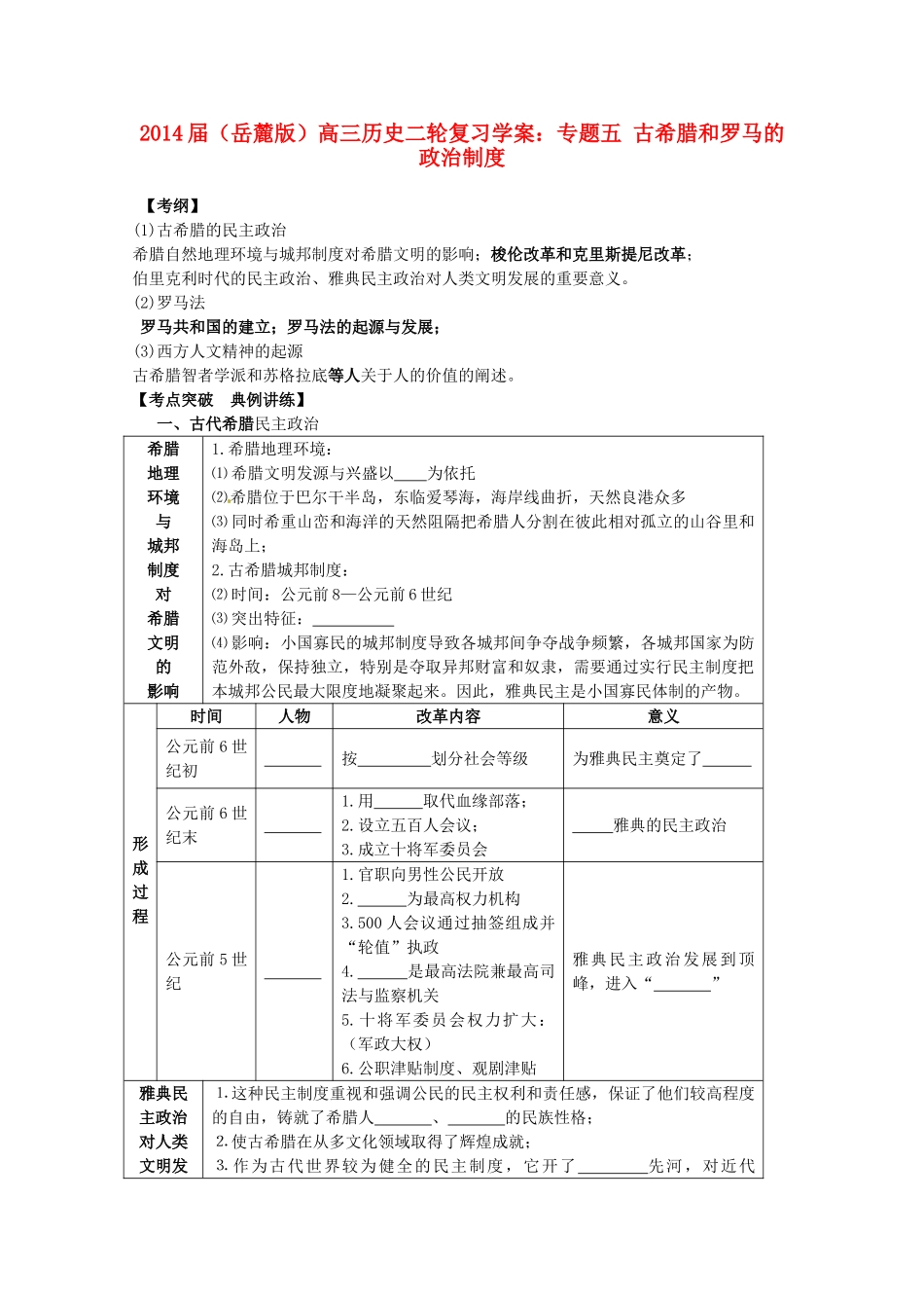 2014届高三历史二轮复习 专题五 古希腊和罗马的政治制度学案 岳麓版_第1页