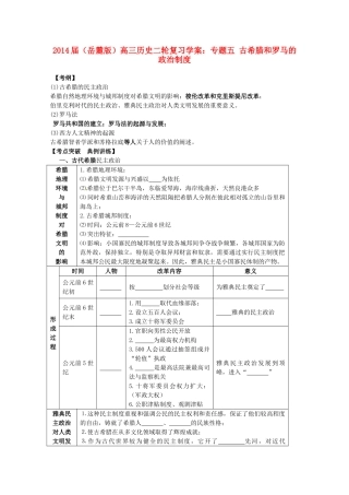 2014届高三历史二轮复习 专题五 古希腊和罗马的政治制度学案 岳麓版