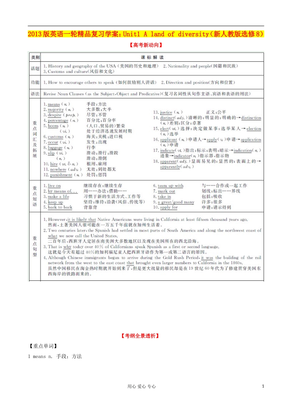 2013高考英语一轮精品复习 Unit1 A land of diversity学案 新人教版选修8_第1页