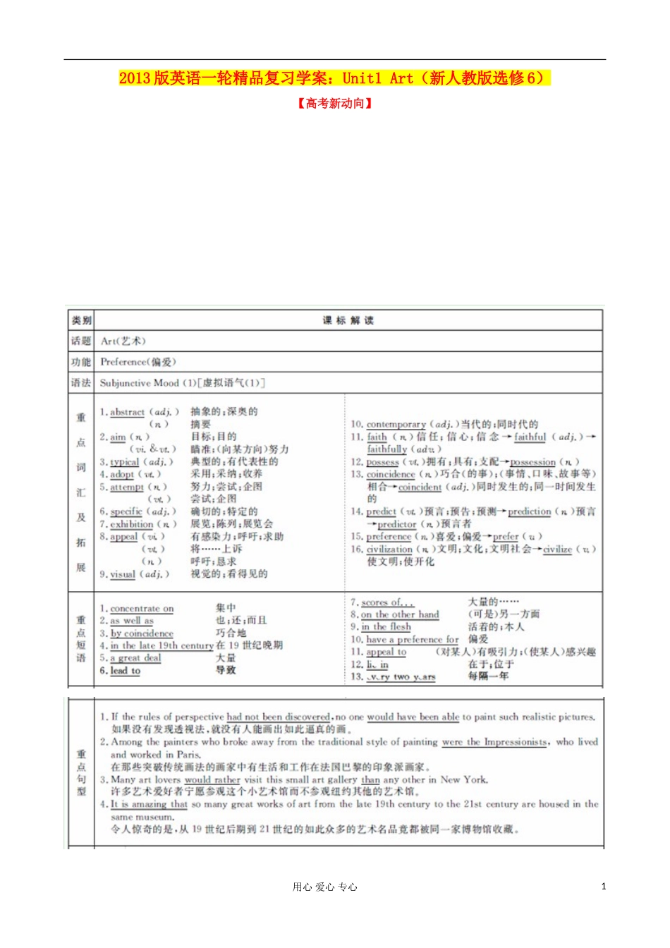 2013高考英语一轮精品复习 Unit1 Art学案 新人教版选修6_第1页