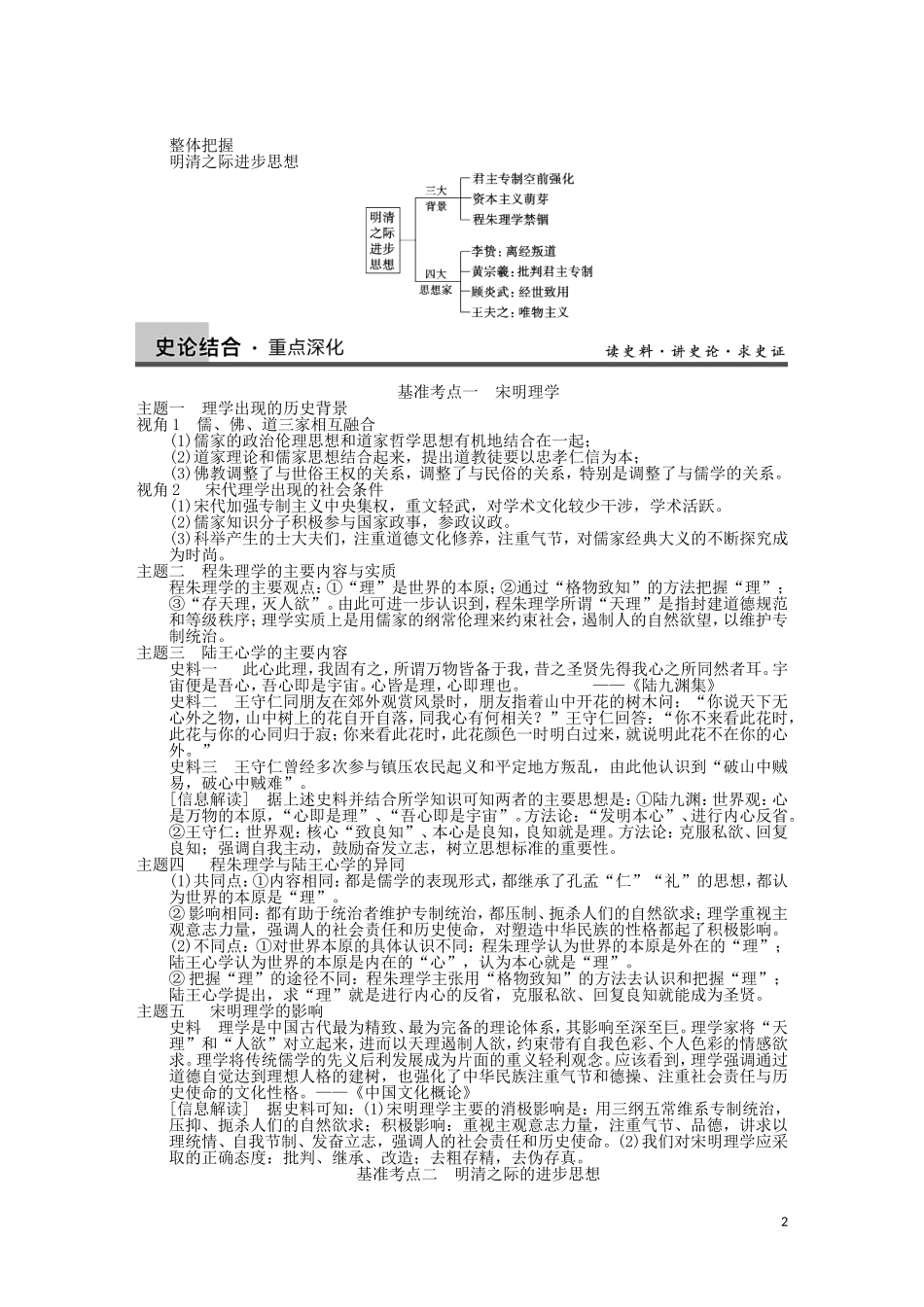2014届高三历史一轮复习讲义 第2讲 宋明理学与明清时期的儒家思想 新人教版必修3_第2页