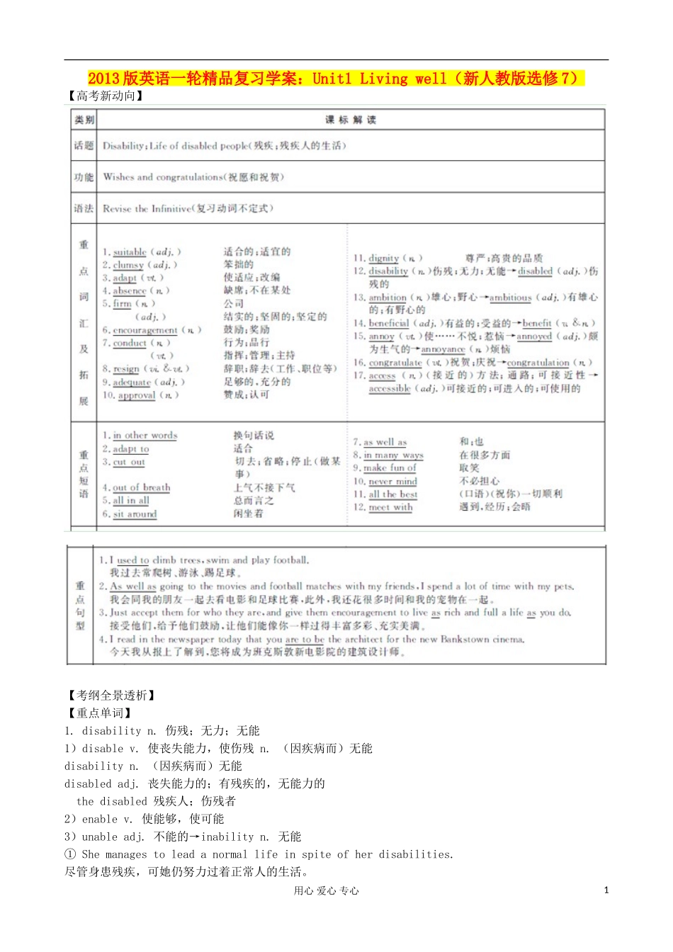 2013高考英语一轮精品复习 Unit1 Living well学案 新人教版选修7_第1页
