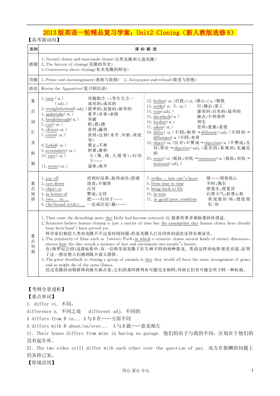 2013高考英语一轮精品复习 Unit2 Cloning学案 新人教版选修8_第1页