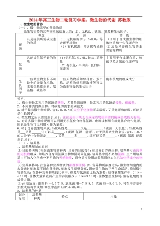 2014年高三生物二轮复习 微生物的代谢学案 苏教版