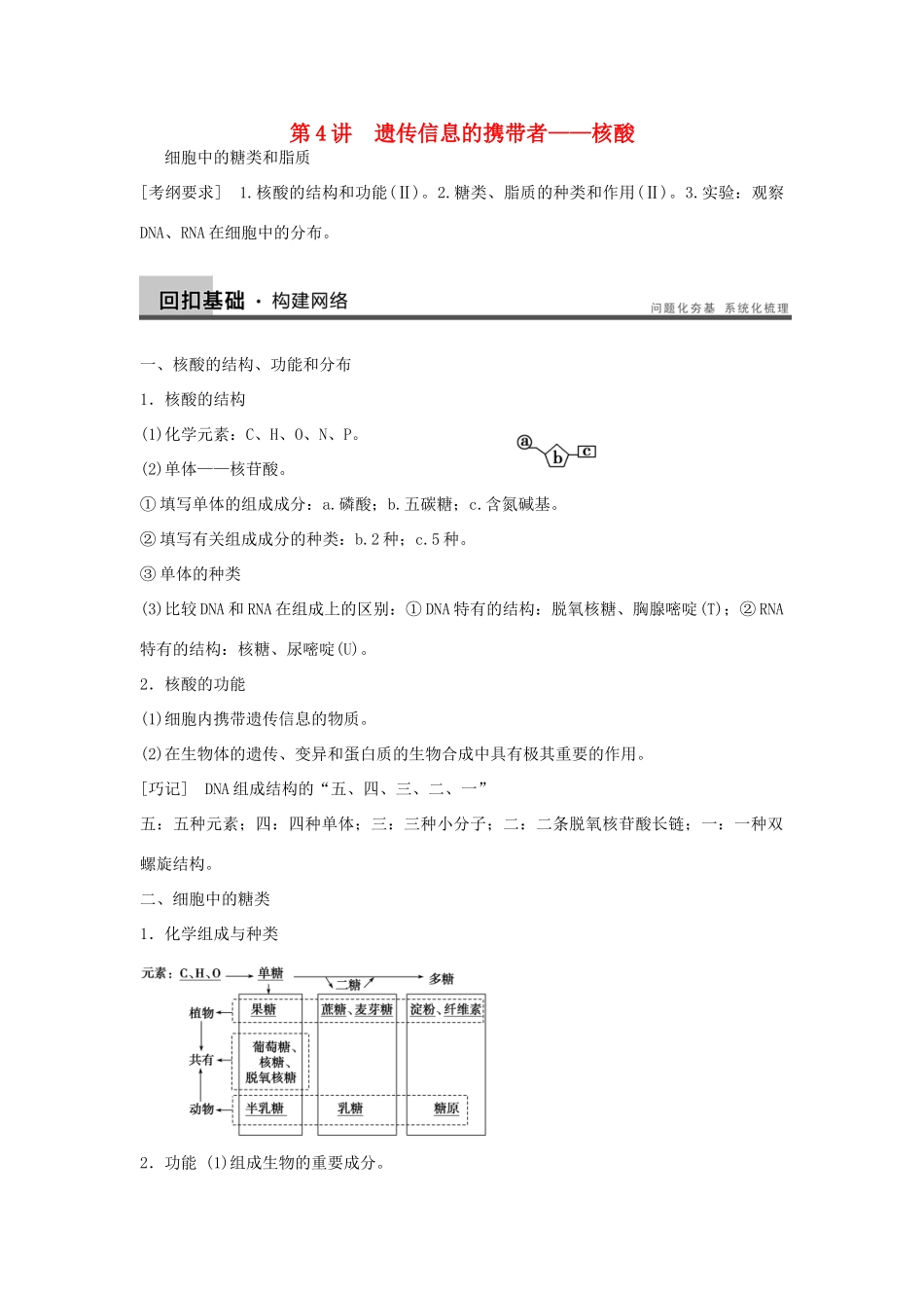 2014届高三生物一轮复习 1.4核酸、细胞中的糖类和脂质教学案 新人教版_第1页