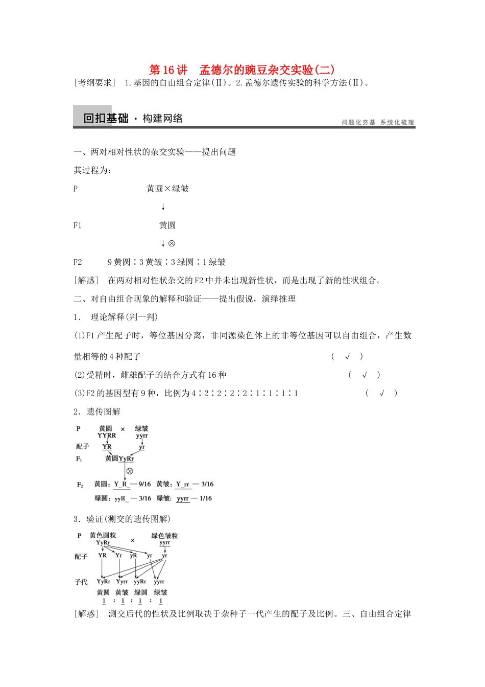 2014届高三生物一轮复习 5.16孟德尔的豌豆杂交实验（二）教学案 新人教版_第1页